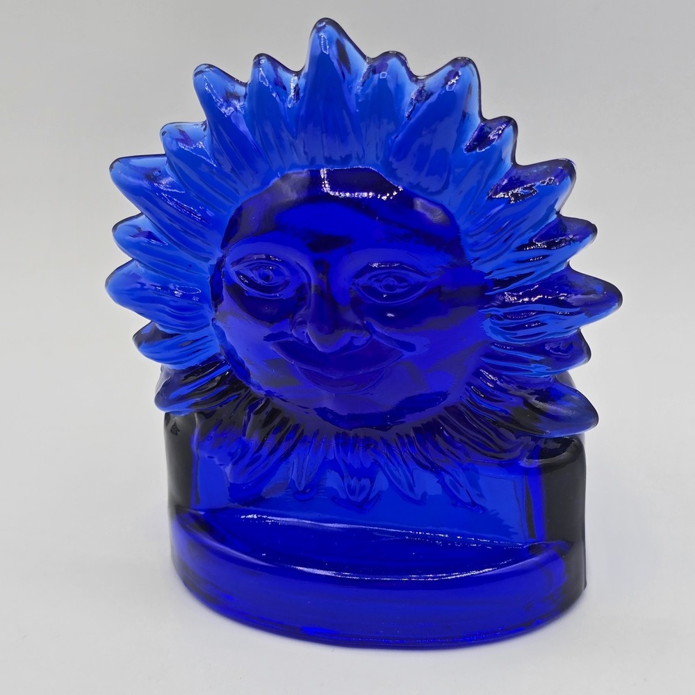 Vintage 1990s Cobalt Blue Glass Sun Celestial Tea Light Votive Candle Holder